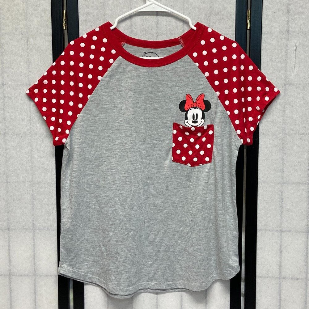 Disney Minnie Mouse Short Sleeve Pocket Raglan Tee Top Grey Red White Dot XL